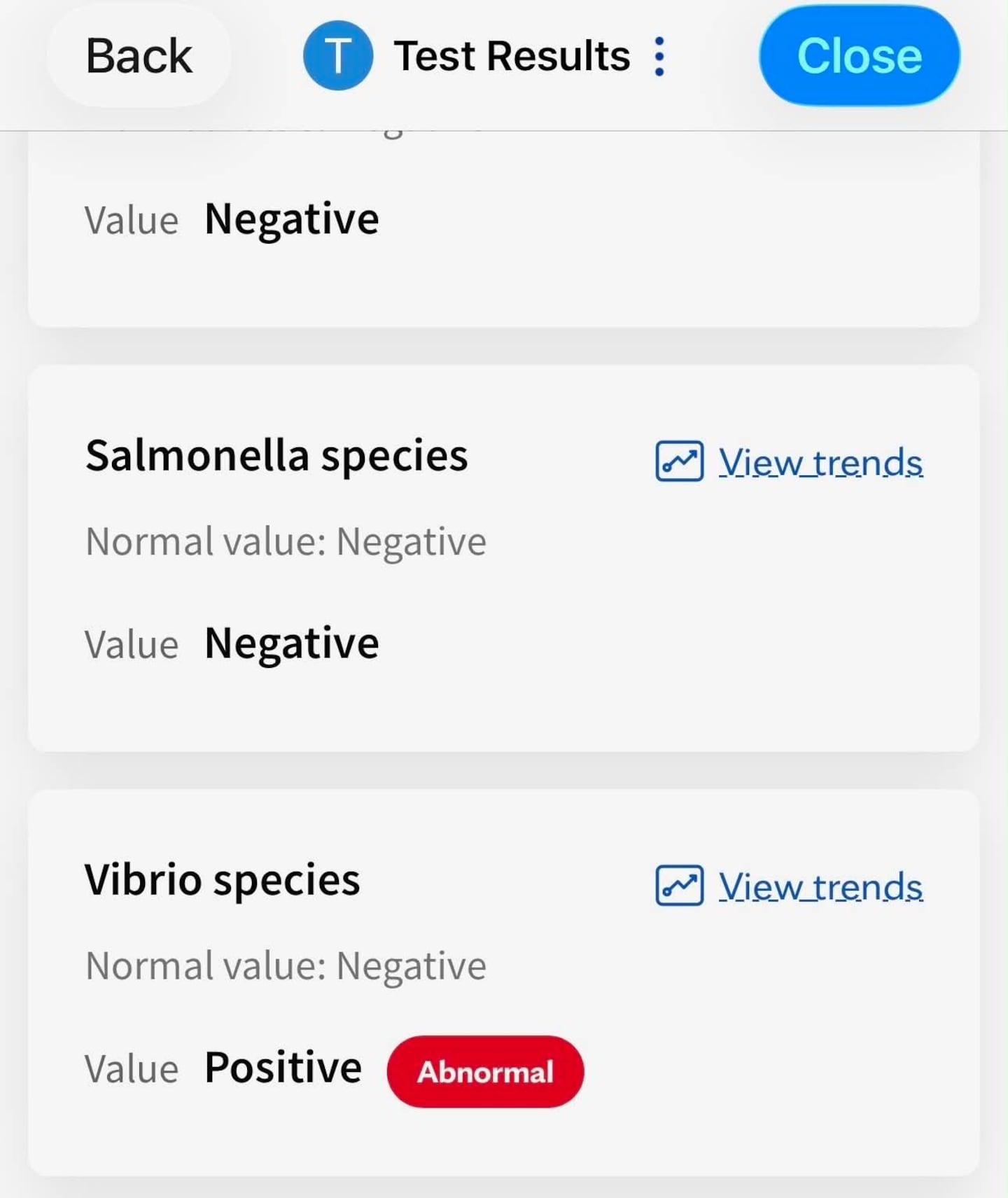 Tera Lageman's test results showing a positive Vibrio diagnosis