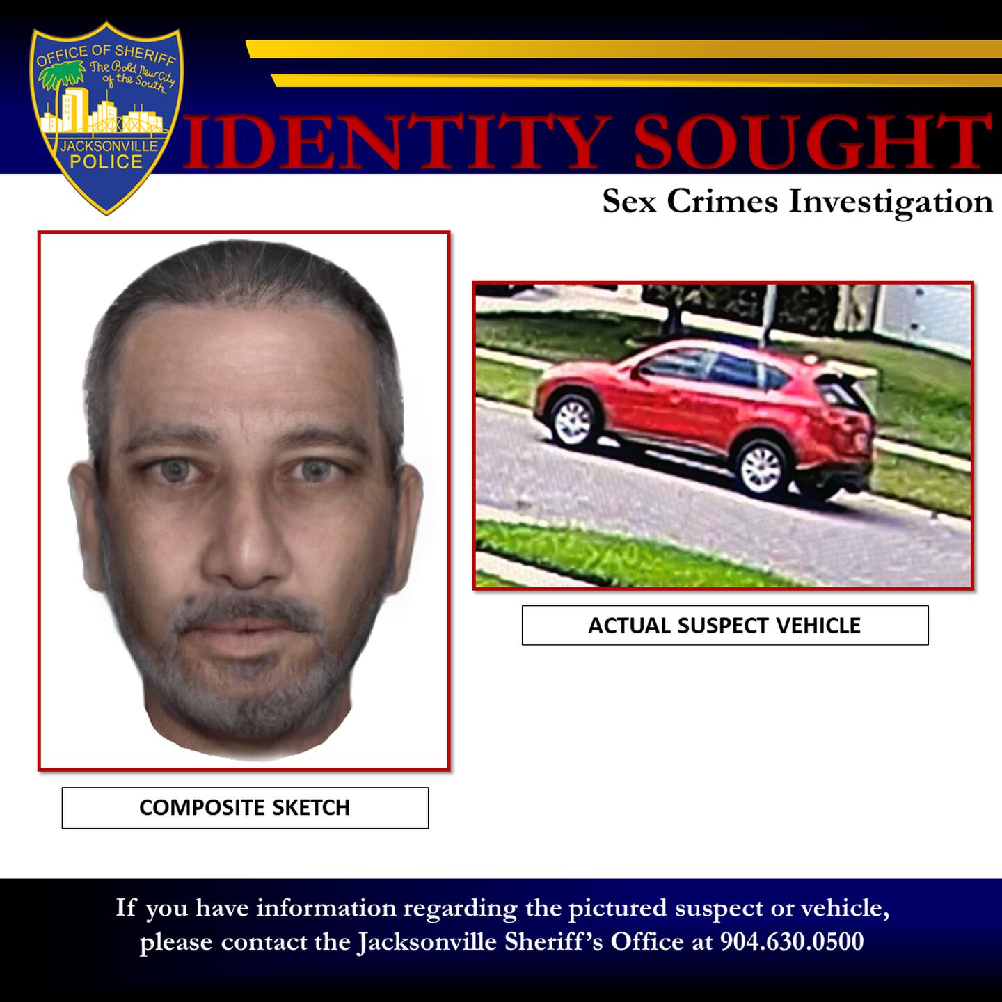 The Jacksonville Sheriff's Office has released a composite sketch and suspect vehicle in sex battery cases.