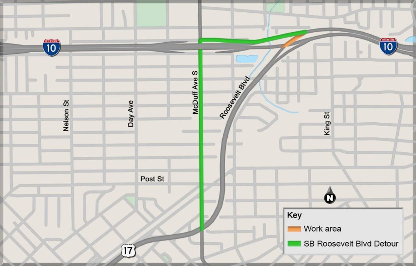 I-10  West exit to Roosevelt Boulevard (U.S. 17) will be detoured Saturday, Dec. 10 and Sunday, Dec. 11 from 5 a.m. to 6 p.m.