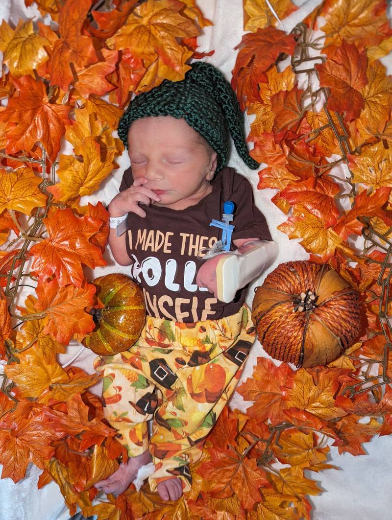 Baby boy Andrew nestled in a bed of fall leaves.