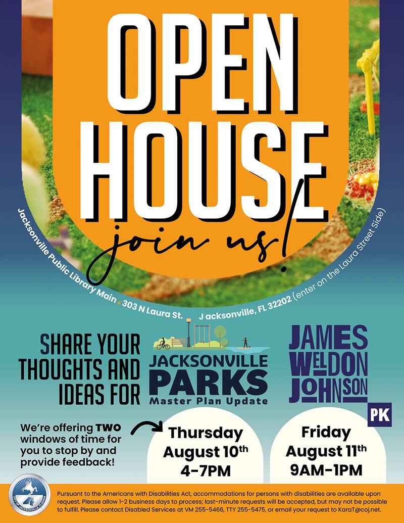 Open house to share your thoughts on James Weldon Johnson Park and Jacksonville Parks Mast Plan update.