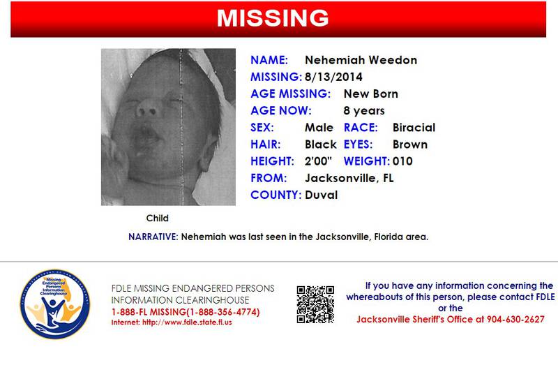 Nehemiah Weedon was reported missing from Jacksonville on Aug. 13, 2014.