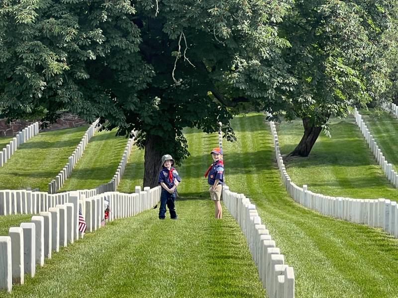 Flags placed at Alexandria National Cemetery in Alexandria, Virginia with the help of the National Capitol Area Council scouts in honor of fallen servicemembers.