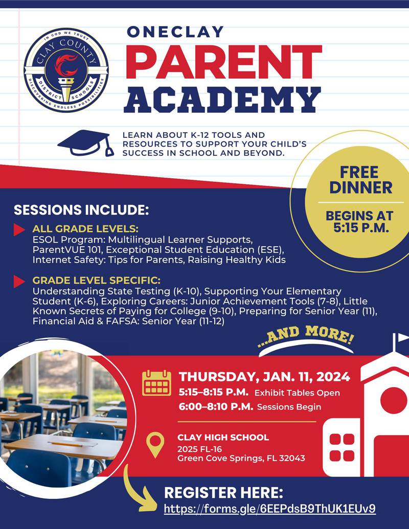 One Clay will hold their next Parent Academy on Thur., Jan. 11 beginning at 5:15 p.m.