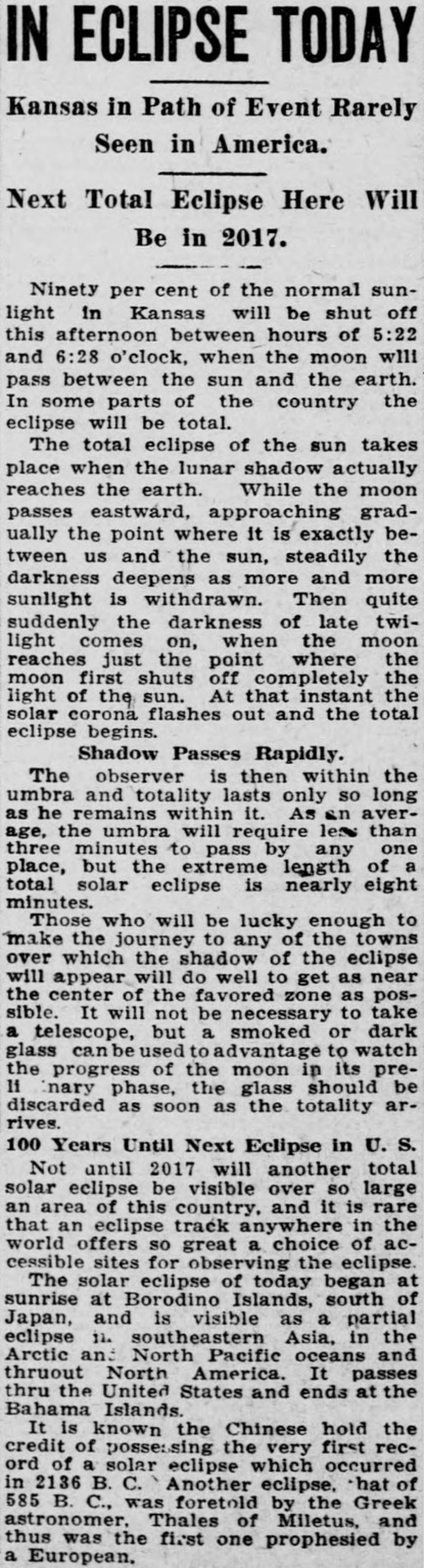1918 article from Kansas newspaper mentioning the 2017 eclipse.